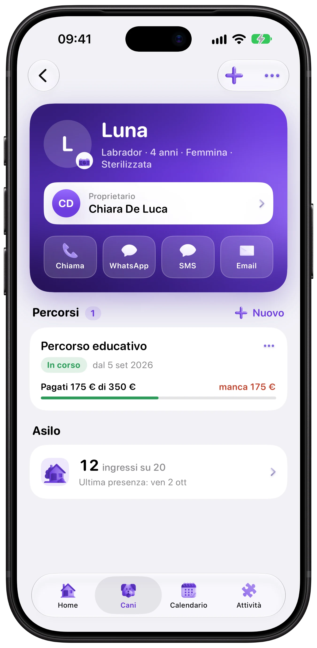 Scheda di Luna con proprietario, percorso educativo e ingressi asilo